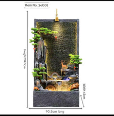 Decorative Waterfall with LED Lights, Deer Figurine, Artificial Plants