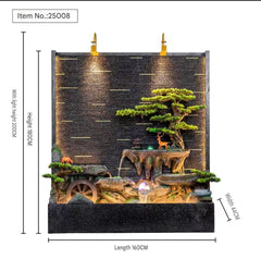 Indoor Zen Garden Waterfall Fountain with LED Lights, Decorative Bonsai Tree Design, Black Base