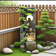 Cascading Water Fountain with Bonsai Tree