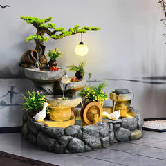 Decorative Indoor Fountain with Bonsai Tree, 3-Tier Stone Waterfall, LED Light