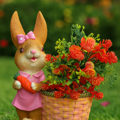 Garden Duck Figurine with Flower Basket, Orange and Pink