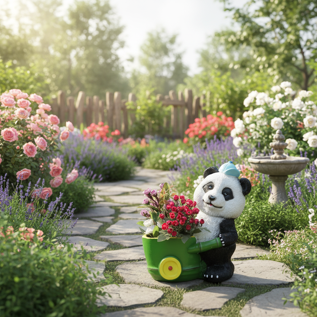 Playful Panda Gardener & Wheelbarrow Planter