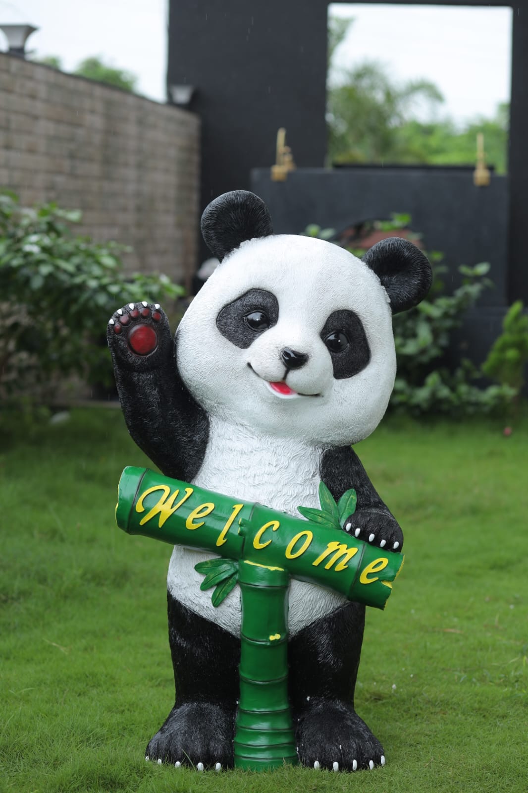 Garden Panda Statue with Bamboo