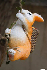 Garden Decor Hanging Bunny Ornament, White and Orange Resin Rabbit on Leaf Vine Swing