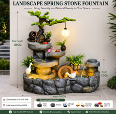 Decorative Indoor Fountain with Bonsai Tree, 3-Tier Stone Waterfall, LED Light